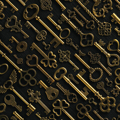 Background of vintage victorian style gold skeleton keys. Concepts of keys to success, unlocking potential, or security solutions.