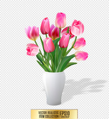 Bouquet of pink tulips in vase isolated on transparent background. Quality realistic vector background, 3d illustration