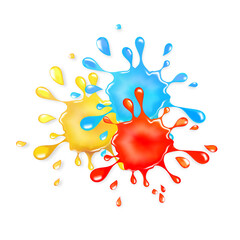 Glitter goo splash. Red, yellow and blue slime sparkles. Realistic 3d glossy drops and blots. - 428064638