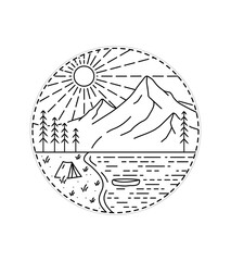 camping by the lake and under the mountains with canoe in mono line art ,badge patch pin graphic illustration, vector art t-shirt design