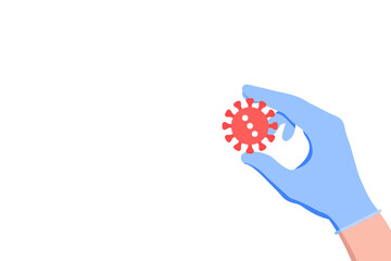 Hand in blue glove of doctor, nurse, scientist holds a virus. Virus research concept. Horizontal banner with copy space. Vector illustration isolated on white background