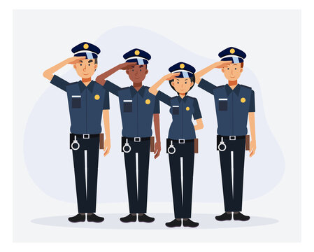 man and woman police officer characters are salute, team of cops.flat vector cartoon character illustration.