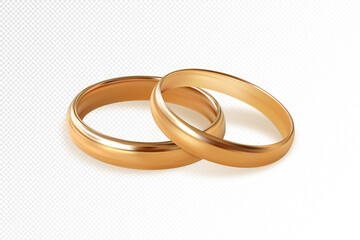 Two golden wedding rings on transparent background. Quality realistic vector, 3d illustration