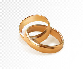 Two interlocking golden wedding rings on transparent background. Quality realistic vector, 3d illustration