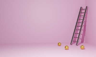 metalic stairs in the corner of wall with  golden iron ball