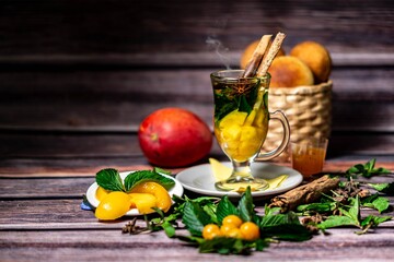 still life with apple juice and fruits