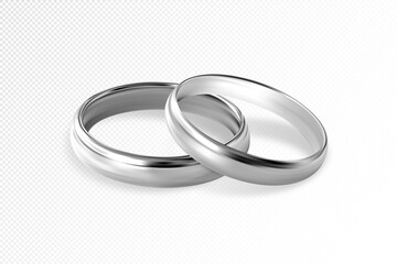 Two silver or platinum wedding rings on transparent background. Quality realistic vector, 3d illustration