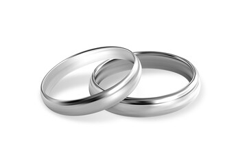 Two silver or platinum wedding rings on white background. Quality realistic vector, 3d illustration