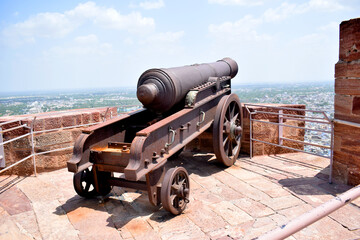 Historic Cannon Gun placed on Mehrangarh Fort in Jodhpur City, Rajasthan - India