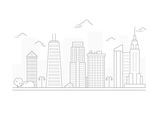 Thin line City landscape. Downtown landscape with high skyscrapers. Panorama architecture City landscape template. buildings and store, shop Isolated outline illustration. Urban life illustration