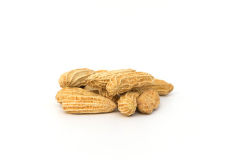 Group of dry peanuts on white background,selective focus.
