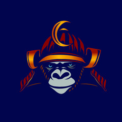 Funny funky japan samurai monkey Line. Pop Art logo. Colorful design with dark background. Abstract vector illustration.