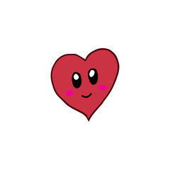 red heart with eyes, cheeks and smiley face on white background. love heart illustration. cute character emoticon. hand drawn vector. doodle art for logo, label, cover, poster, banner, sticker,clipart