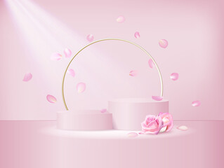 Fototapeta na wymiar A soft pink double podium with a gold round frame and white feathers. Realistic vector background, 3d illustration. 3D Sample escenary for product advertising with roses and petals