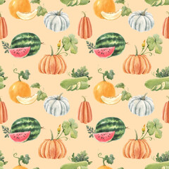 Beautiful seamless pattern with cute watercolor hand drawn melon watermelon and pumpkin vegetables. Stock illustration.