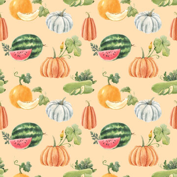 Beautiful seamless pattern with cute watercolor hand drawn melon watermelon and pumpkin vegetables. Stock illustration.