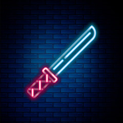 Glowing neon line Traditional Japanese katana icon isolated on brick wall background. Japanese sword. Colorful outline concept. Vector