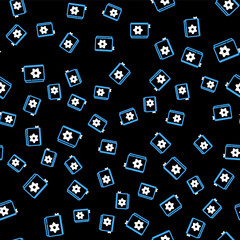 Line Jewish torah book icon isolated seamless pattern on black background. Pentateuch of Moses. On the cover of the Bible is the image of the Star of David. Vector