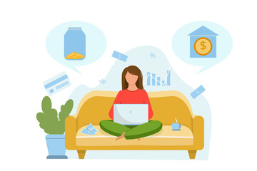 The girl is sitting on the couch and thinking about where to invest the money. Invest in a bank or store money in a glass jar. Vector flat illustration