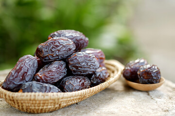 Large date palms (medjool) in cups and wooden spoons with blurred natural background.