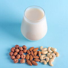 Glass of organic vegan dairy free milk from nuts. Healthy breakfast with vegetarian alternative drink. Various types of nuts: cashew, hazelnuts, almonds on blue background. Copy space for text