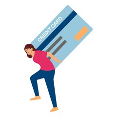 Young girl carrying heavy credit cards. Flat vector illustration of burden of credit cards
