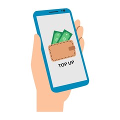 Wallet app page on smartphone screen. Hand hold smartphone. Mobile wallet account. Vector flat illustration