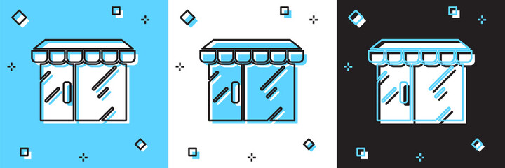 Set Shopping building or market store icon isolated on blue and white, black background. Shop construction. Vector