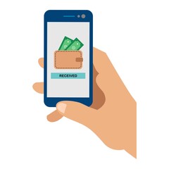 Receiving money. Online money transfer illustration. Vector flat illustration with hand holding smartphone