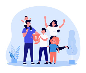 Young family being happy about sport achievement award. Flat vector illustration. Cartoon parents and children cheering elder son about winning sporting competition. Sport, win, family concept