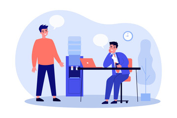Two cartoon men communicating in office flat vector illustration. Office worker and chief or businessman talking to customer. Discussing, service, management concept for banner design or landing page