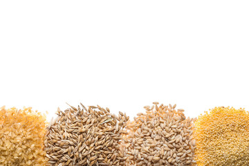 Heap of different cereals on white background