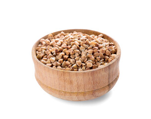 Bowl with dry buckwheat on white background
