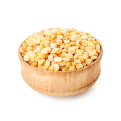 Bowl with split peas on white background