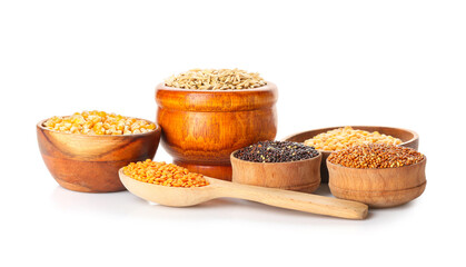 Different cereals and legumes on white background