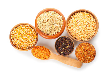 Different cereals and legumes on white background