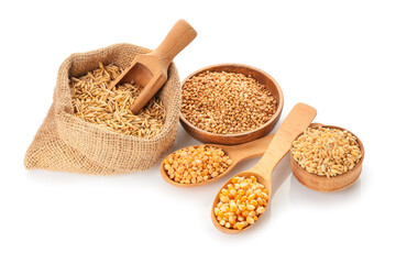 Different cereals and legumes on white background
