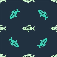 Green and beige Dried fish icon isolated seamless pattern on blue background. Vector