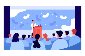 Cartoon pharmacist giving presentation on seminar. Doctor making announcement to audience flat vector illustration. Healthcare, medicine, meeting concept for banner, website design or landing web page