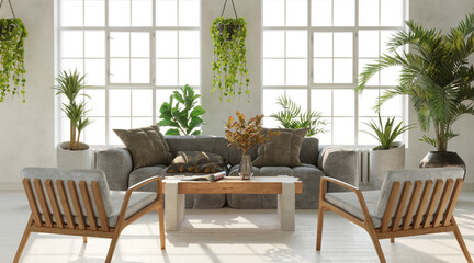 Bright Living room wiht large windows and lots of plants, inustrial style, 3d render