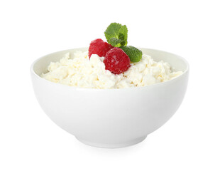 Bowl of cottage cheese with raspberries on white background