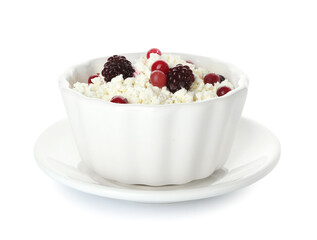 Bowl of cottage cheese with blackberries and cherries on white background