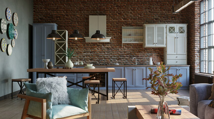 Open plan living room with kitchen, industrial style, 3d render 