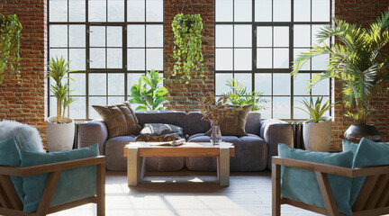 Living room interior with brick wall and lots of plants, industrial style, 3d render 