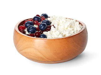 Bowl of cottage cheese with blueberries and jam on white background