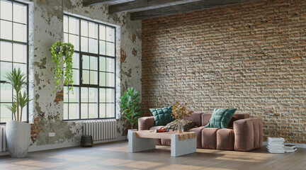 Grungy interior with rough brick walls and comfortable sofa, industrial style, 3d render
