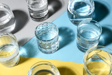 Glasses of water on color background