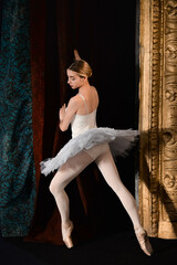 Beautiful young ballerina  behind the curtains in theatre