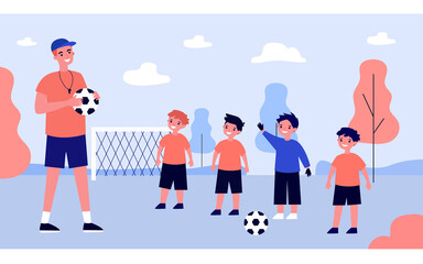 Cartoon coach training and teaching kids playing football. Flat vector illustration. Little smiling football players team and trainer playing field. Sport, football, children activity concept