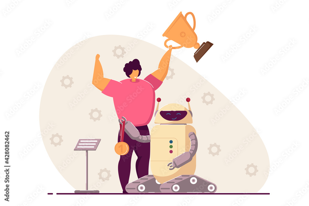 Poster child winning programming competition with electronic robot. flat vector illustration. young enginee